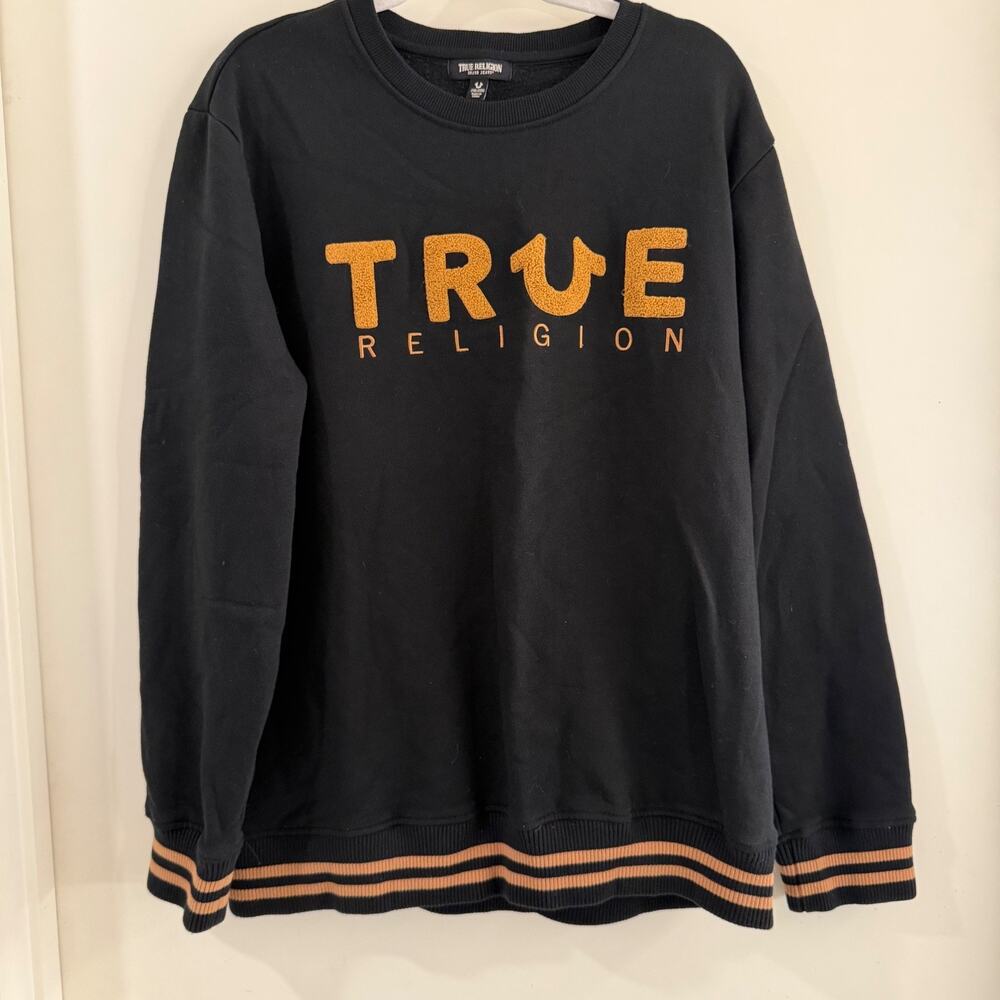 True Religion Black Chenille Logo Striped Hem Sweatshirt (Size 2XL - Runs Small)